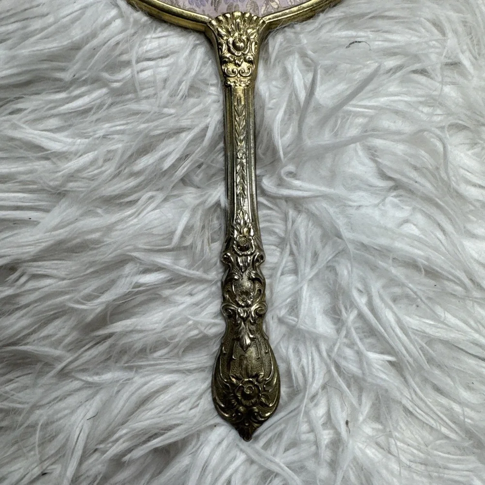 Antique Art Nouveau Handheld Vanity Mirror Floral Brass Motif Design Mid Century
